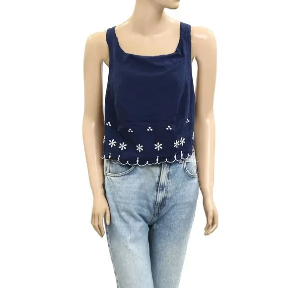 Free People Kayla Solid Embroidered Cropped Blouse Top Floral Cotton XL 280046 - Picture 4 of 7